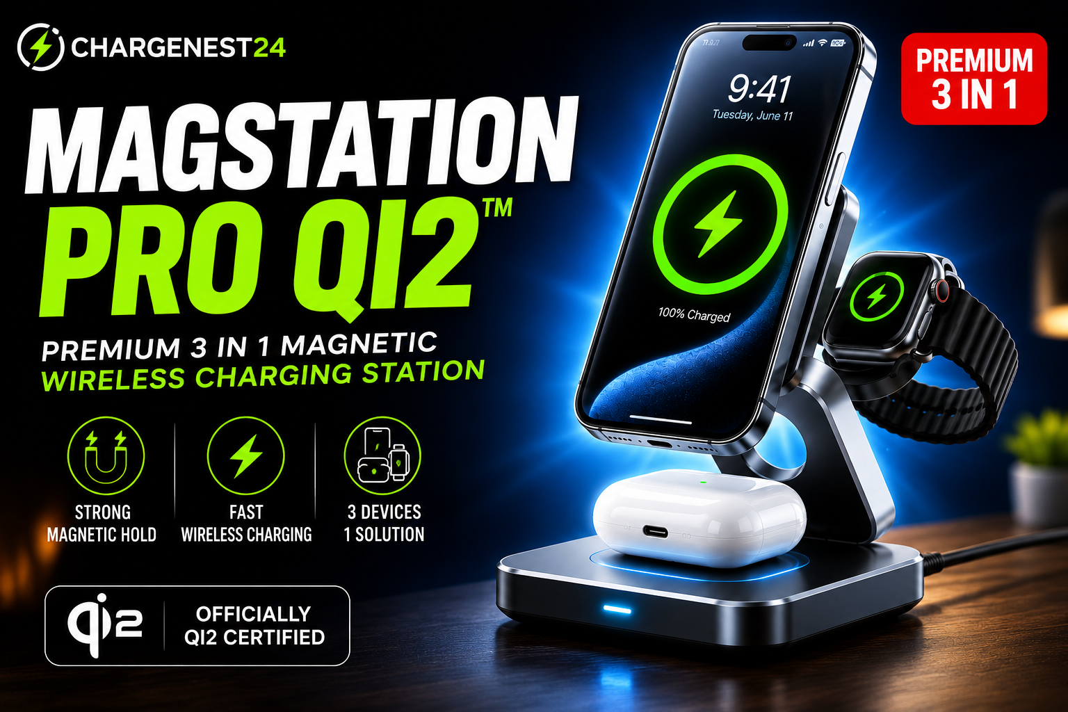Load video: A premium product video showcasing the MagStation Pro Qi2™ 3-in-1 Magnetic Wireless Charging Station. The video demonstrates magnetic iPhone alignment, simultaneous charging of an iPhone, Apple Watch, and AirPods, foldable travel-friendly design, bedside charging convenience, and a clean cable-free lifestyle.